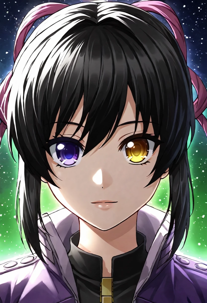 beautiful anime girl , vavorwave , wearing vavorwave jacket , luminous , masterpiece , heterochromia,portrait,light particles,close-up,eye focus , shinobu kocho