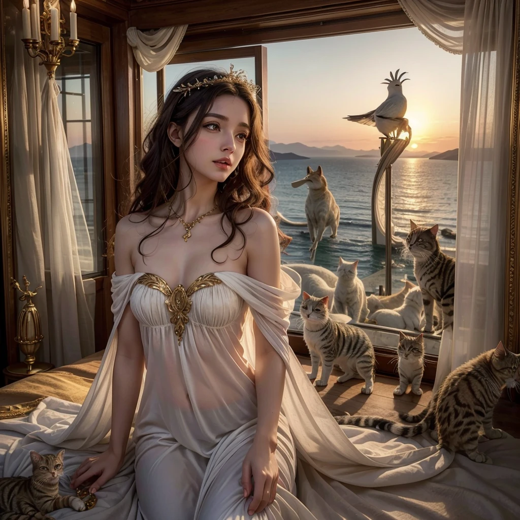 a beautiful greek goddess in a white tunic, thin and beautiful face, upturned nose and shoulder-length curly hair, small brown eyes adorned with golden jewelry and crystal, surrounded by cats and singing birds, sunset over the sea, cinematic, highly detailed, photorealistic, dramatic lighting, vivid colors