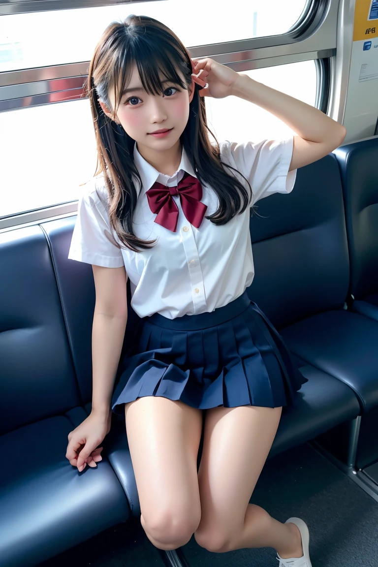 High angle shot、Center View、Asian woman in a short skirt and bow tie sitting on a train、Cute school girl、Japanese girls uniform、Wear Japan 、Japanese 、Surreal 、Dressed as a high school girl、Surreal 、Wear a uniform、Realistic high school girl、Girl in uniform、Wear a uniform、 stop temporarily、Ezvian everywhere、Beautiful Skin、Glowing Skin、Nice thighs、Shining thighs、Shining Legs、barefoot , Japanese High School 、Nogizaka idol、Korean Idol