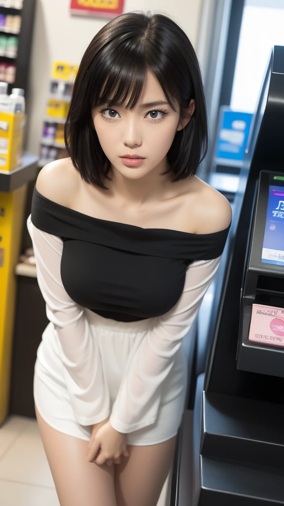 masterpiece、Highest quality、proficient、1 female、18-year-old、blue eyes、Black Hair、White skin、(((Oily skin)))、Shiny skin、short hair、Oversized off-the-shoulder shirt、seductive thighs、Big Breasts、Big Breasts、A woman who went shopping、Top view、Confused face、from the front、Looking up、Background blur、In front of the cash register at a convenience store、A girl came to buy condoms、Put condoms and alcohol on the cash register、((Confused face、blush、Embarrassing))