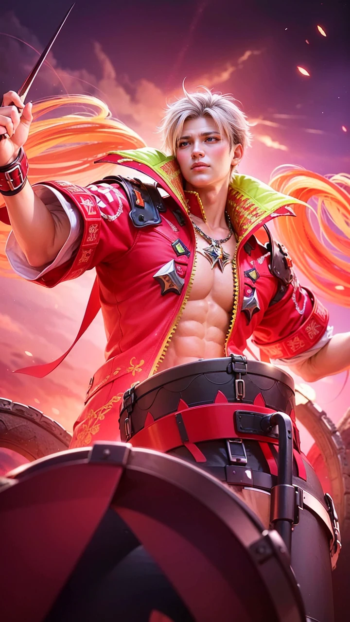 a close up of a person in a costume holding a sword, draconic looking armor, masculine male, masterpiece, ((perfect eyes)) best quality, (semirealism:1.9), beautiful lighting, (extremely detailed CG unity 4k fhd wallpaper), High Detail, Sharp focus, dramatic outdoors, 1 boy ,19 years old, black short hair, yellow eyes.