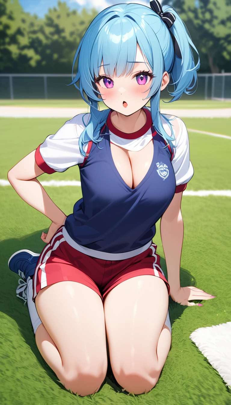 {{{{{16k,Ultra High-resolution realistic photograph of neat virgin first-year junior high school girl's in School-designated gym uniform with junior high ribbon as pretty as a actress in Grass schoolyard, She's in the first year of middle school, but she's too well developed, her F-cup cleavage tits are too beautiful}}}}},{{Extremely detailed}},{{{{{dye her cheeks flush and integrated her head pure small, thick lips, Enchanting thick gross idol's Lips}}}}},{{{{{the bang hair}}}}},{{{{{She get more attractive and smoother her body, her expression and appearance are transformed into that of a pure, Her shame when her School-designated gym uniform is rolled up exposing her body, Her white tits are so fluffy, and are depicted in great detail, but her sex appeal from her cleavage fills the schoolyard, her bodyline and tits and hips are getting sexier and Cute, She has been reborn as a pretty one-in-a-thousand-year girl with a sparkling aura of cuteness}}}}}