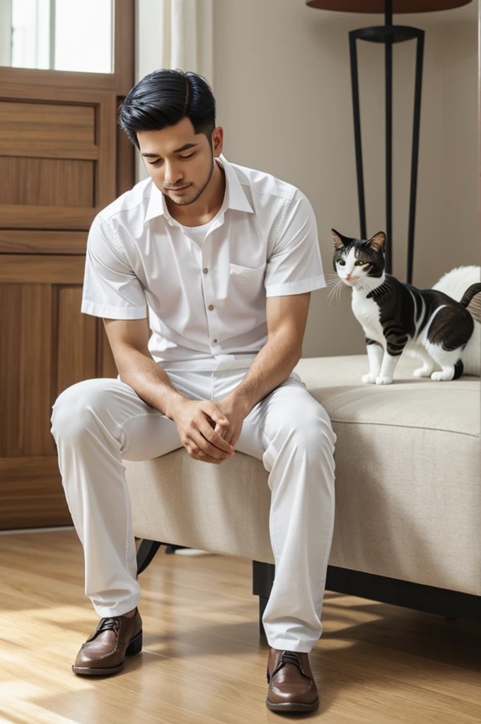 A man with short hair and wearing white shirt and long pants just sit down playing with cat