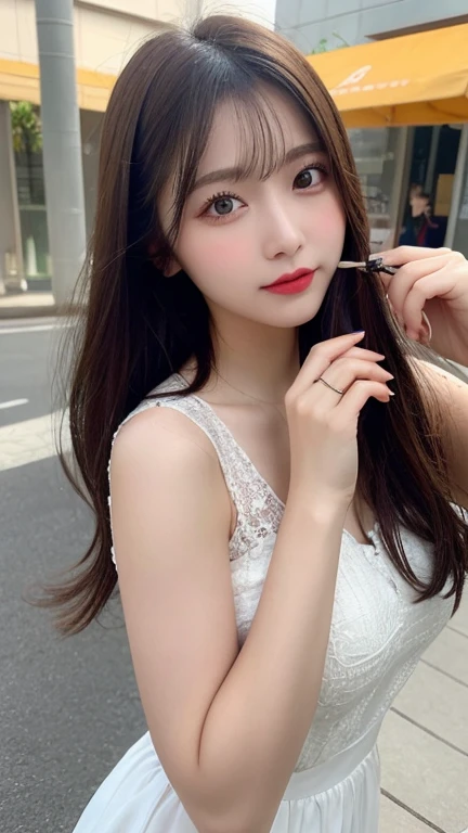 Tabletop, Highest quality, shape, Very detailed, finely, High resolution, 8k wallpaper, 完璧なダイナミックな構shape, Beautiful and exquisite, Nice spring clothes,Beautiful straight hair,Small breasts,Natural color lip, 20-year-old girl、cute、Always blur the background,Perfect and beautiful face,Beautiful and dense face、Slim face and figure,Big eyes、Putting on gal makeup,Actual Photos（Best image quality）、Fashion model posing、Full Body Shot、Change pose randomly、Randomly change the shooting angle and position、Summer Fashion