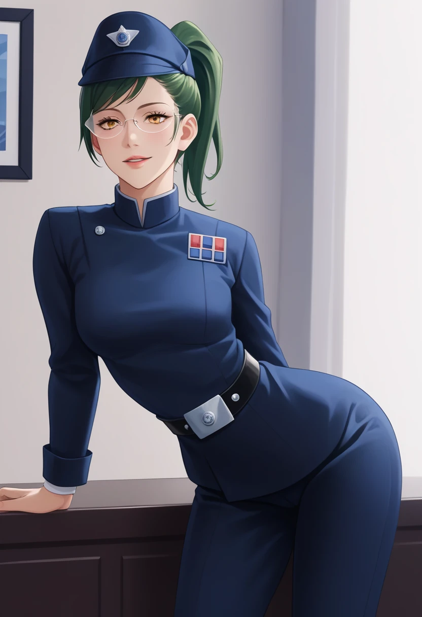score_9_up, score_8_up, score_7_up, 1girl, solo, mature female, Maki, green ponytail hair, yellow eyes, glasses, pink lips, parted lips, fit slim body, perfect medium erected breast, (((imperial officer outfit))), dark grey living room, looking at the viewer, sexy smile, perfect model body, having ??? in doggystyle position, perfect pussy penetration, ????? penetrating her pussy, (((from behind)))