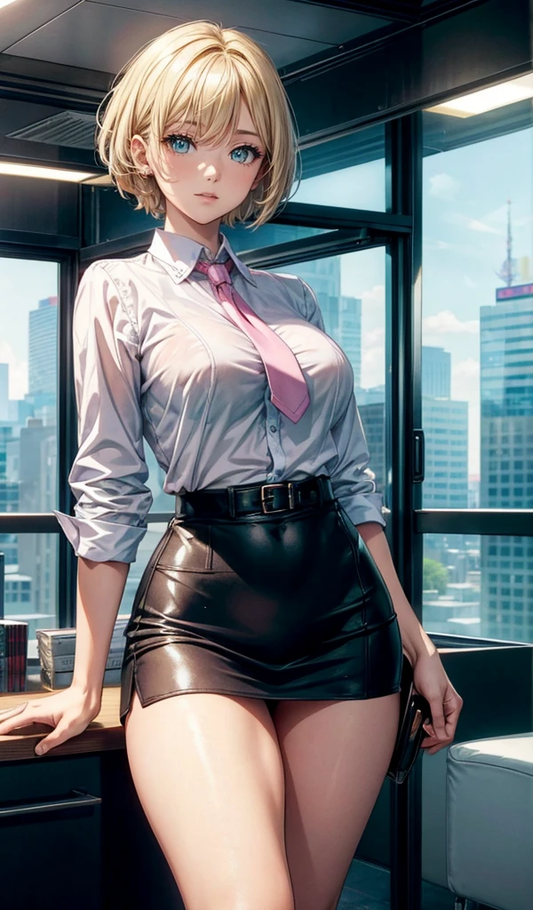 Please follow all prompts below exactly and faithfully. This is a breathtaking masterpiece of digital illustration, with maximum resolution, UHD, 512K, 2160p, 10 million ppi, 300 million dpi, natural color tones, ultra sharp details, perfect outlines with contrast, **most realistic skin and hair textures**, most beautiful detailed eye features, perfect anatomically correct human body, beautiful background with depth, rule of thirds, depth of field, Maximize all element is used to its full potential to create the best digital illustrations, looking back, from behind, 1woman, sexy:1.5, beautiful face sharp, elegant woman, perfect body style, slender, beautiful big breasts, green eyes, blonde hair, hair over one eye, short hair, glossy very thick lips:0.7, pink lipstick:0.7, smile,Business attire for adult women, office lady outfit, summer wear, tight skirt, no necktie, short-sleeved blouse, light fabric, professional look, elegant design, comfortable fit, pastel colors, minimal accessories, closed-toe shoes, breathable material, modern style, suitable for office environment.