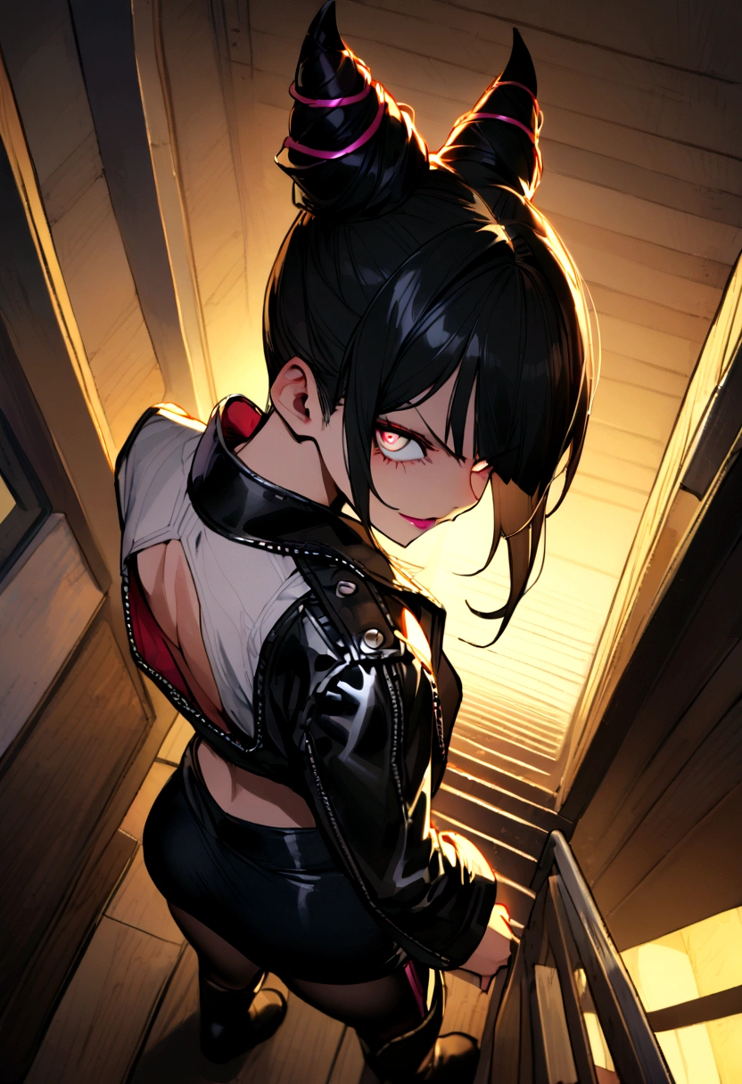 juri han,beautiful young warrior , with a very detailed and beautiful face, beautifuleyes, beautifuleyes, gorgeous face, beautiful young woman wearing long black leggings with black details, short mini skirt, usando leather jacket preta, Standing in an office, wearing black boots, horn hair, with black fringe, , evil smile ,white sweater with strap around, serious look,usando leather jacket preto, leather jacket,staring overhead,yellow lighting, evil smile,hands on back