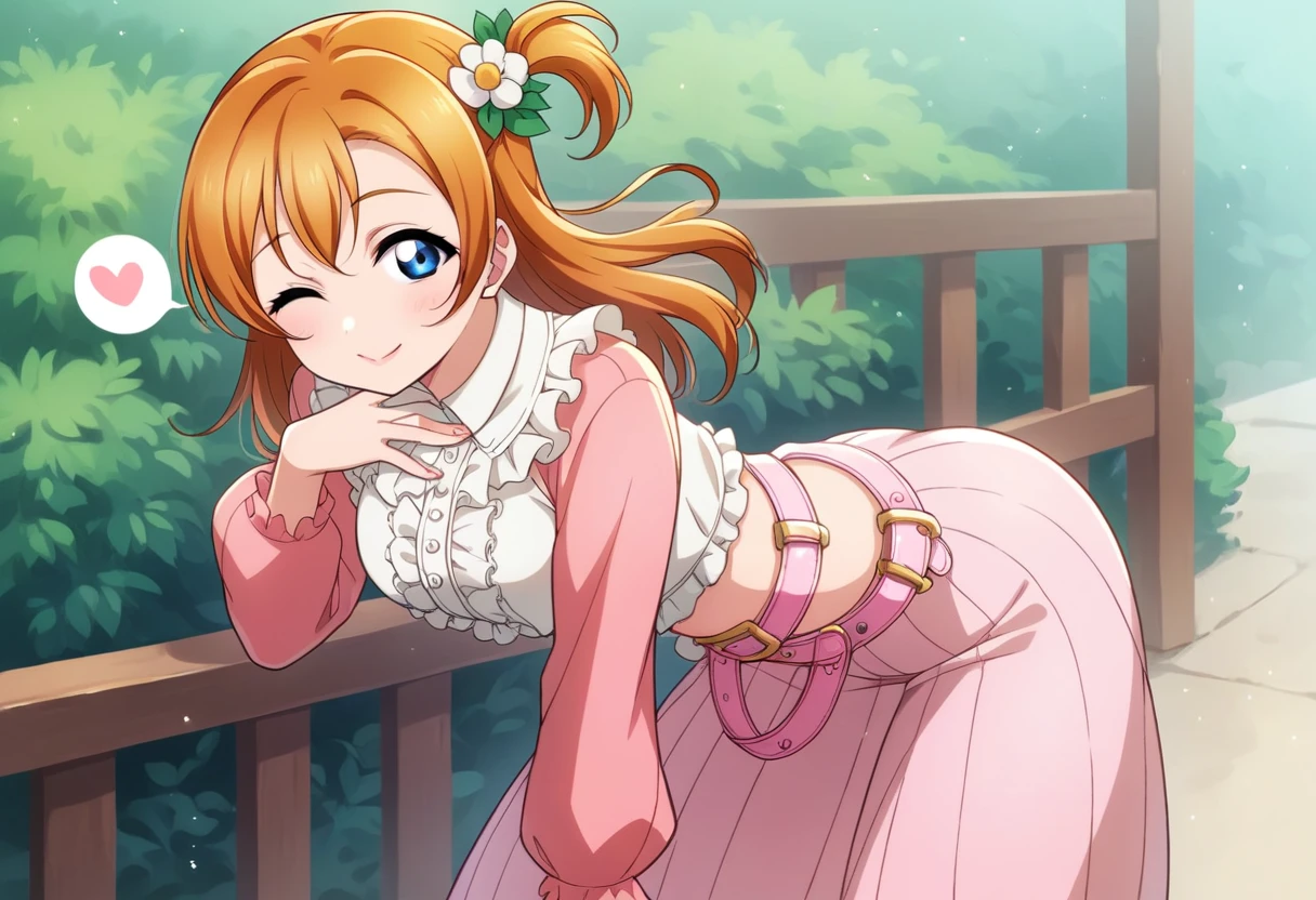 Honoka kousaka love live, cowboy shot, blue eyes, orange hair,hair flower, solo, loose crop top, frilly,long sleeve,long skirt, thighs cutout,pink loose belt,thin straps, shiny moist skin, sexy, spoken heart , (lipstick:0.7), wink ,hand on cleavage, leaning to side , crotch, slightly bent over , outdoors