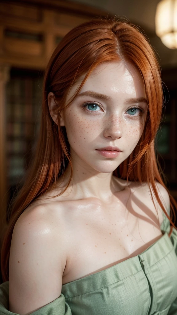 natural redhead woman, with freckles on his face, greeneyes, 15th century royal clothing