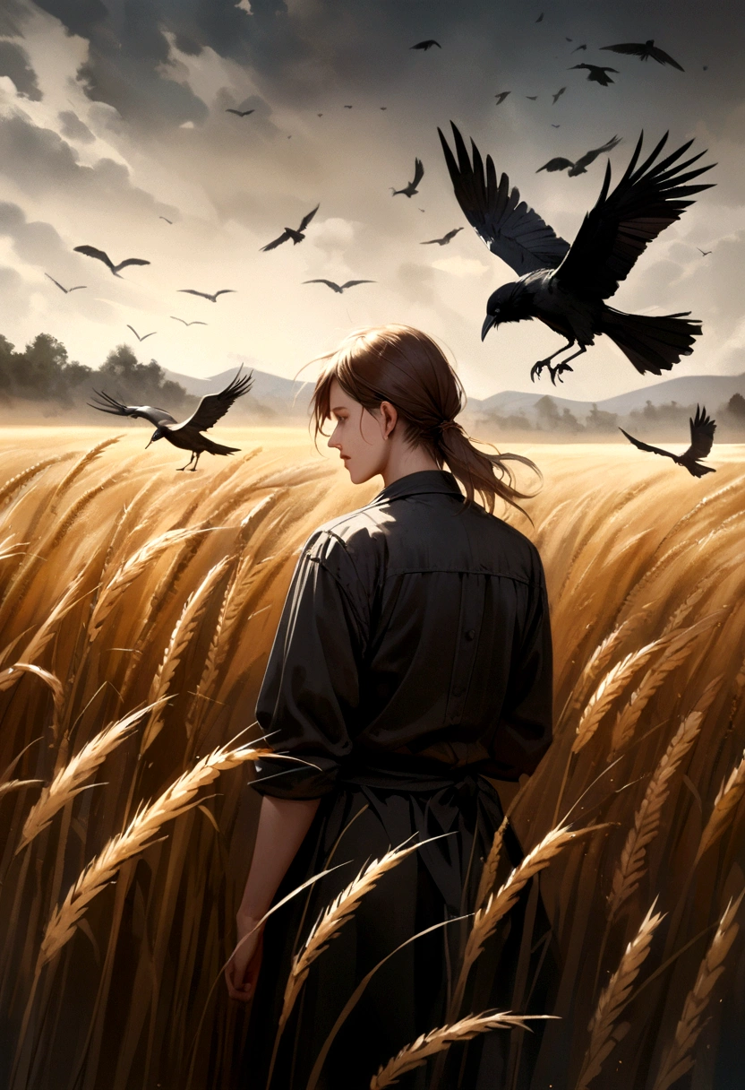 Draw a realistic picture of a wheat field with crows