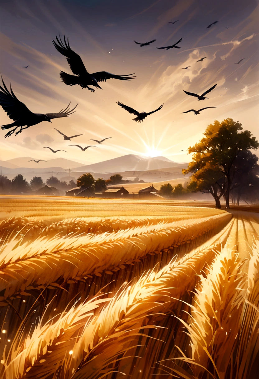 Draw a realistic picture of a wheat field with crows