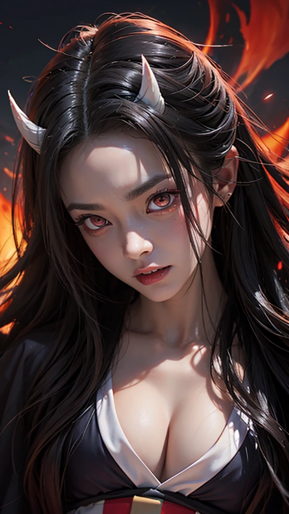 Here is the revised prompt in English:
---
A close-up shot of Nezuko from Demon Slayer in her demon form. Her face veins are bulging, her eyes are bright red, and she has horns sprouting from her forehead. She is biting down on a bamboo muzzle and is wearing her traditional kimono. Her expression is fierce and terrifying, embodying the full intensity of her demon transformation.