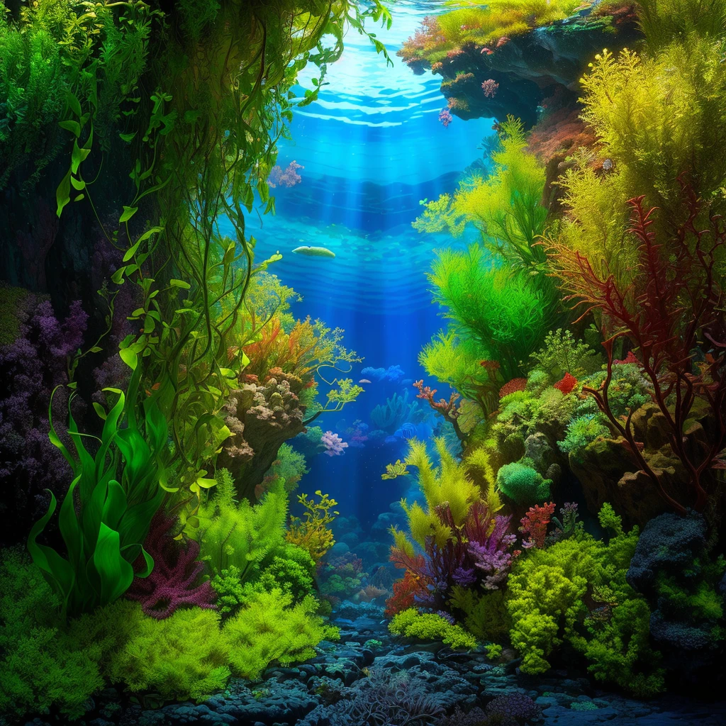 há um Aquarium com plantas e pedras nele, underwater landscape, Underwater scene, colorful picturesque environment, deep Underwater scene, underwater environment, underwater scenery, underwater background, Underwater scenery, covered with aquatic plants, ambiente submarino, underwater plants, closeup cinematic water scene, lush, deep vivid colors, digital painting highly detailed, Aquarium, digital painting highly detailed