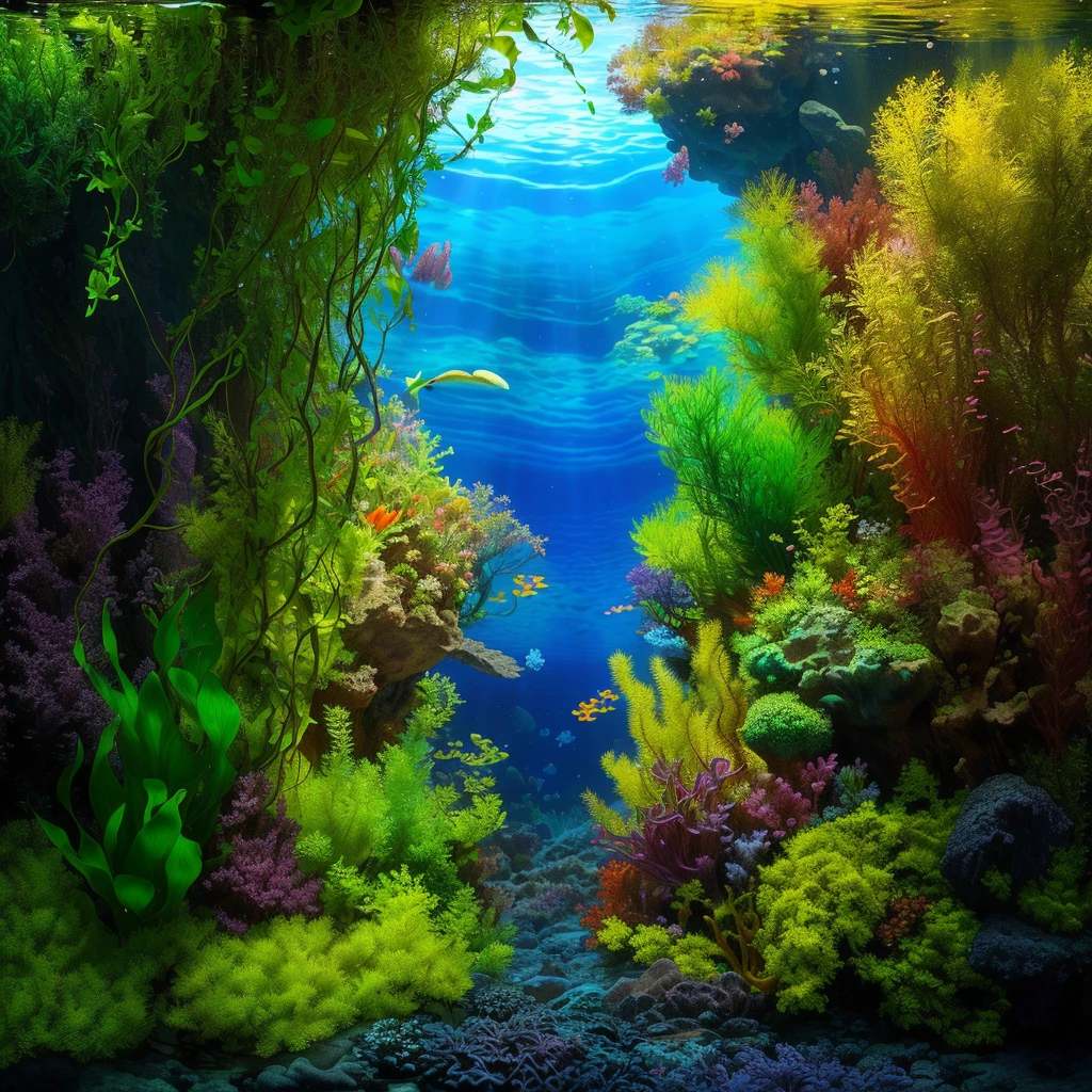há um Aquarium com plantas e pedras nele, underwater landscape, Underwater scene, colorful picturesque environment, deep Underwater scene, underwater environment, underwater scenery, underwater background, Underwater scenery, covered with aquatic plants, ambiente submarino, underwater plants, closeup cinematic water scene, lush, deep vivid colors, digital painting highly detailed, Aquarium, digital painting highly detailed