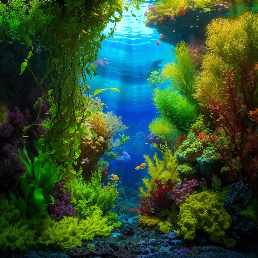 há um Aquarium com plantas e pedras nele, underwater landscape, Underwater scene, colorful picturesque environment, deep Underwater scene, underwater environment, underwater scenery, underwater background, Underwater scenery, covered with aquatic plants, ambiente submarino, underwater plants, closeup cinematic water scene, lush, deep vivid colors, digital painting highly detailed, Aquarium, digital painting highly detailed