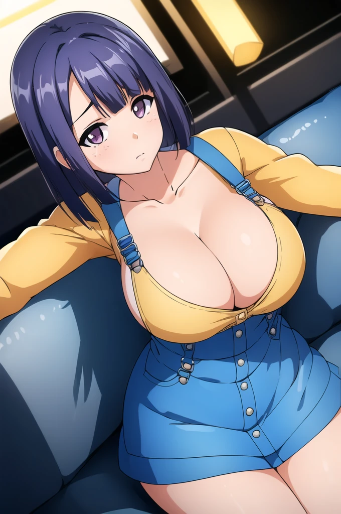 (Night:1.7), Cyberpunk_CityView, Before Window,
sitting at attention,sitting on couch,suspenders,overalls,
collarbone,blue dress with a yellow top and blue skirt,long sleeves,
blue_hair,short_hair,purple_eyes,hair_ornament, hairclip,
1 girl, 20yo,mature female,Beautiful Finger,Beautiful long legs,Beautiful body,Beautiful Nose,Beautiful character design, perfect eyes, perfect face,
looking at viewer, (innocent_big_eyes:1.0),(expressionless:1.3),
NSFW,official art,extremely detailed CG unity 8k wallpaper, perfect lighting,Colorful, Bright_Front_face_Lighting,
(masterpiece:1.0),(best_quality:1.0), ultra high res,4K,ultra-detailed,
photography, 8K, HDR, highres, absurdres:1.2, Kodak portra 400, film grain, blurry background, bokeh:1.2, lens flare, (vibrant_color:1.2)
(Beautiful,large_Breasts:1.4), (beautiful_face:1.5),(narrow_waist),