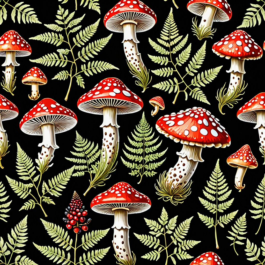 A seamless pattern on a black background featuring small, detailed illustrations of fern fronds, red and white-spotted fly agaric mushrooms (Amanita muscaria), bird skulls, blackberry clusters, and pine cones. The ferns should have intricate leaf patterns, appearing lush and slightly wild. The mushrooms should vary in size and angle, with bright red caps and white spots vividly detailed. The bird skulls should have realistic bone textures and be depicted from various angles, appearing aged and slightly worn. The blackberry clusters should have plump, dark purple berries with green leaves, detailed with fine veins and slight imperfections. The pine cones should vary in size and angle, with detailed scales and natural textures, appearing slightly aged. The elements should be evenly distributed, creating a balanced and harmonious pattern. Realistic yet clearly illustrative style.