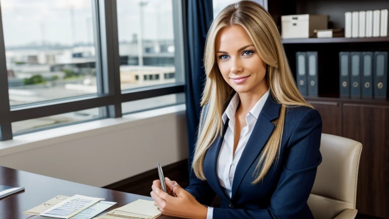 Very attractive woman, therapist. Long blonde hair. Dark blue eyes, facing the camera. Smiling. Expensive business suit. Expensive office. Holding dollar bills in her hands.
