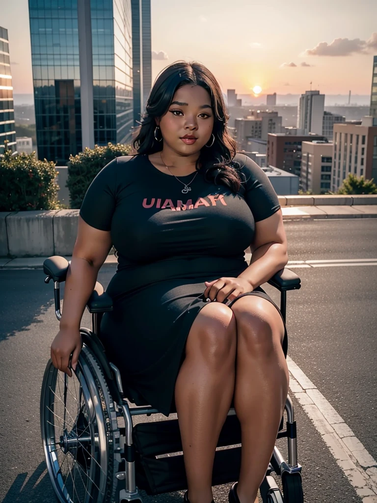 a realistic image of a chubby black woman accompanying a wheelchair user on the edge of a building , both enjoying the sunset on the edge of the building.