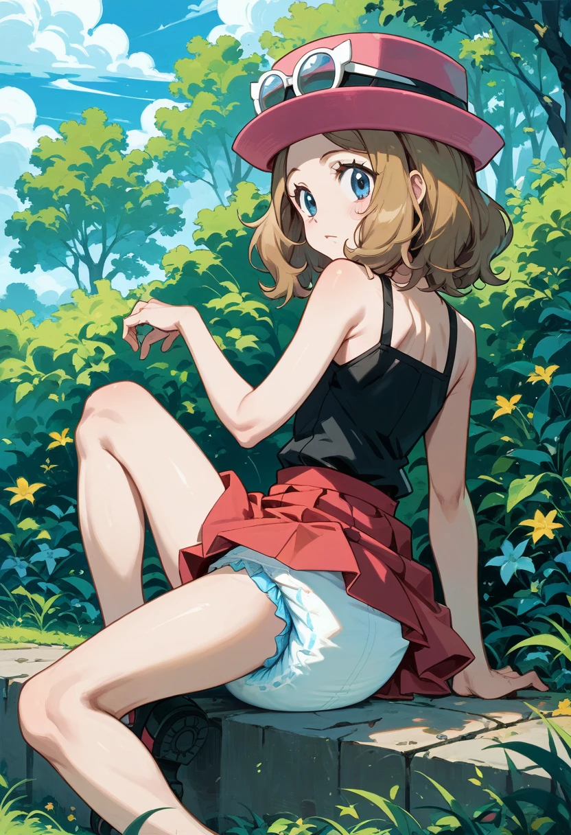 masterpiece, Highest quality, High resolution, Outdoor, One girl, alone, Serena (Pokemon), Pink hat, Red Skirt, Black Shirt, Bare shoulders, View your viewers, diaper