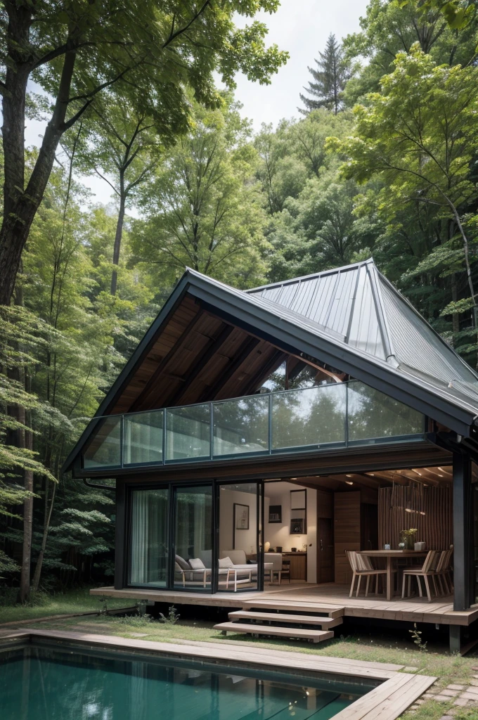 Exterior image of a small duplex house in Scandinavian nature, standing wooden panel, avantgarde, Panoramic glass windows, forests, waterfall inside the atrium, stones, natural water pond, inspired architect Zaha Hadid