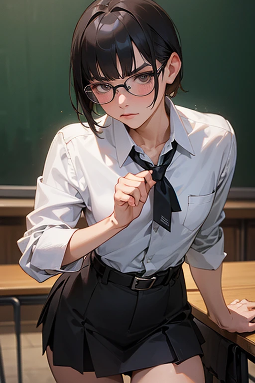 (masterpiece, Highest quality: 1.2), night(Chainsaw Man),(Highly detailed face, The true picture, Realistic Skin, Realistic body, Intricate details), (Intimidating look), A slight blush, Social attire, Half-open button-up shirt (white), whiteいブラジャー, skirt (black), black belt with buckle, short hair, Glasses, Small breasts, close, Thick thighs, classroom, blackboard.