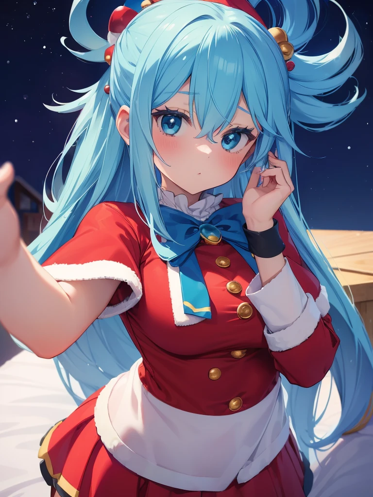 ((top quality)), ((masterpiece)), (Miniskirt with Santa Claus details), Red Santa Dress,perfect face, 1 girl, Aqua Konosuba