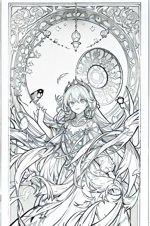 high detail coloring book page, thin black lines, white background, 1 bit line art coloring book, only draw outlines, crisp, thick outlines, use up the entire screen, outline art, storybook illustration, mighty fairy book, full of unknown arcane magic symbols, is on a wooden table with bookends in a room full of books and scrolls