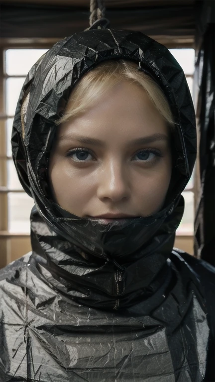 a stunningly beautiful blond woman is completely wrapped up from head to toe like a mummy in black plastic garbage bags, she is tightly tied up with rope wrapped around her, hanging inside wardrobe, bright day, close-up, denoised photo, highly detailed masterpiece, photorealistic 