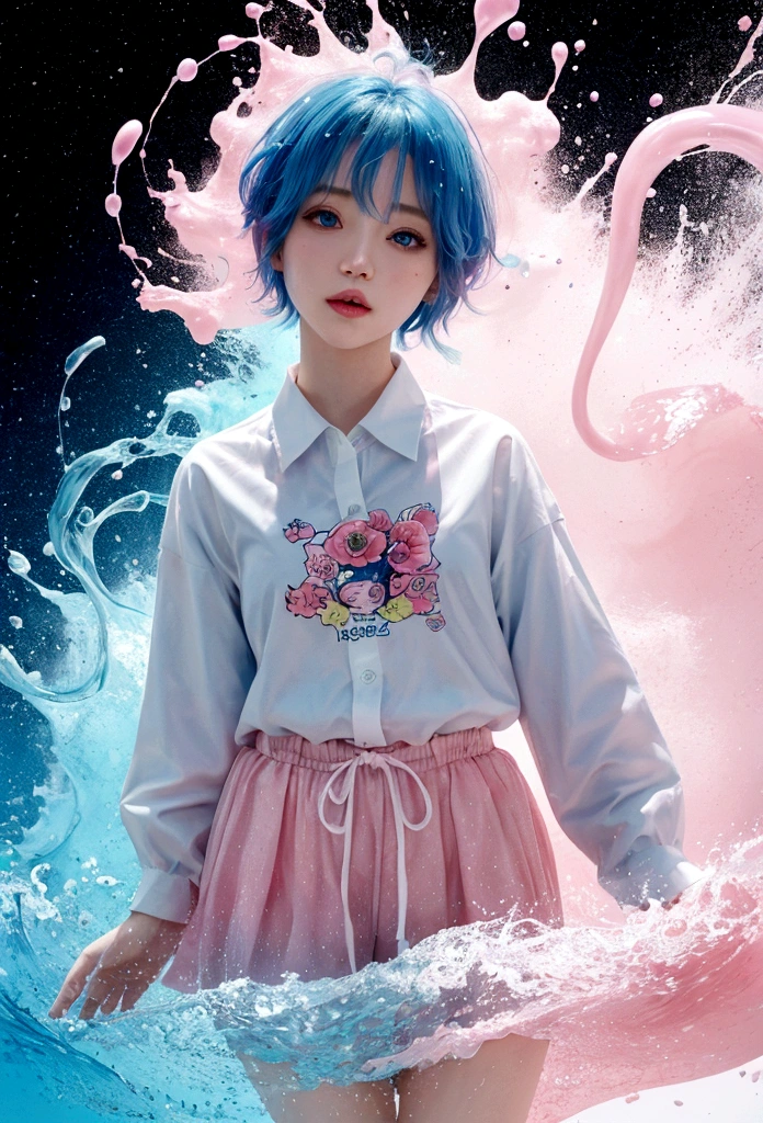 （masterpiece、Highest quality、High resolution），（Colorful background，（Splashes of color，Ink splash，Splashes of color）），pretty girl，Light blueshort hair，short hair，[Light blue|pink]hair，curl，blue eyes，flash，pink嘴唇，（Splash Color，（White shirt），front，Full Body Evian:0.6，Volumetric lighting，Splashes of color，An explosion of colors，Information surrounded by colorful splashes
