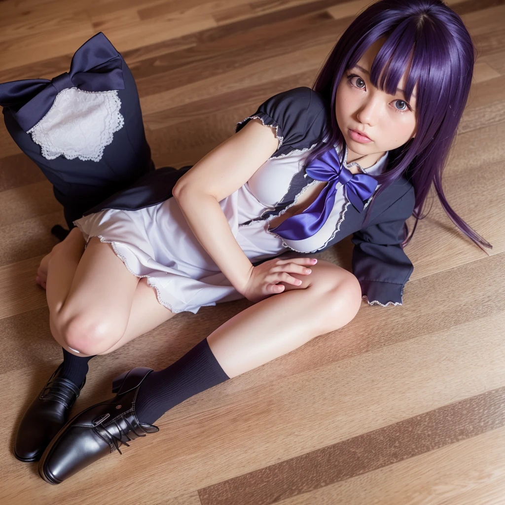 (8k, RAW photo, best quality, masterpiece:1.2), (realistic, photo-realistic:1.4), (extremely detailed 8k wallpaper),美しい顔,1girl,frederica bernkastel, purple hair,dress, bowtie, mary janes, sockscat tail, tail bow, tail ornamen,tpurple eyes