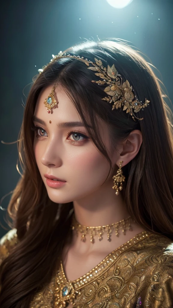 a beautiful detailed goddess, 1girl, solo, long hair, intricate detailed face, beautiful detailed eyes, beautiful detailed lips, extremely detailed and intricate facial features, elegant detailed dress, delicate detailed hands, detailed ornate jewelry, detailed complex background, (best quality,4k,8k,highres,masterpiece:1.2),ultra-detailed,(realistic,photorealistic,photo-realistic:1.37),digital painting, cinematic lighting, dramatic lighting, vivid colors, fantasy,highly detailed, intricate