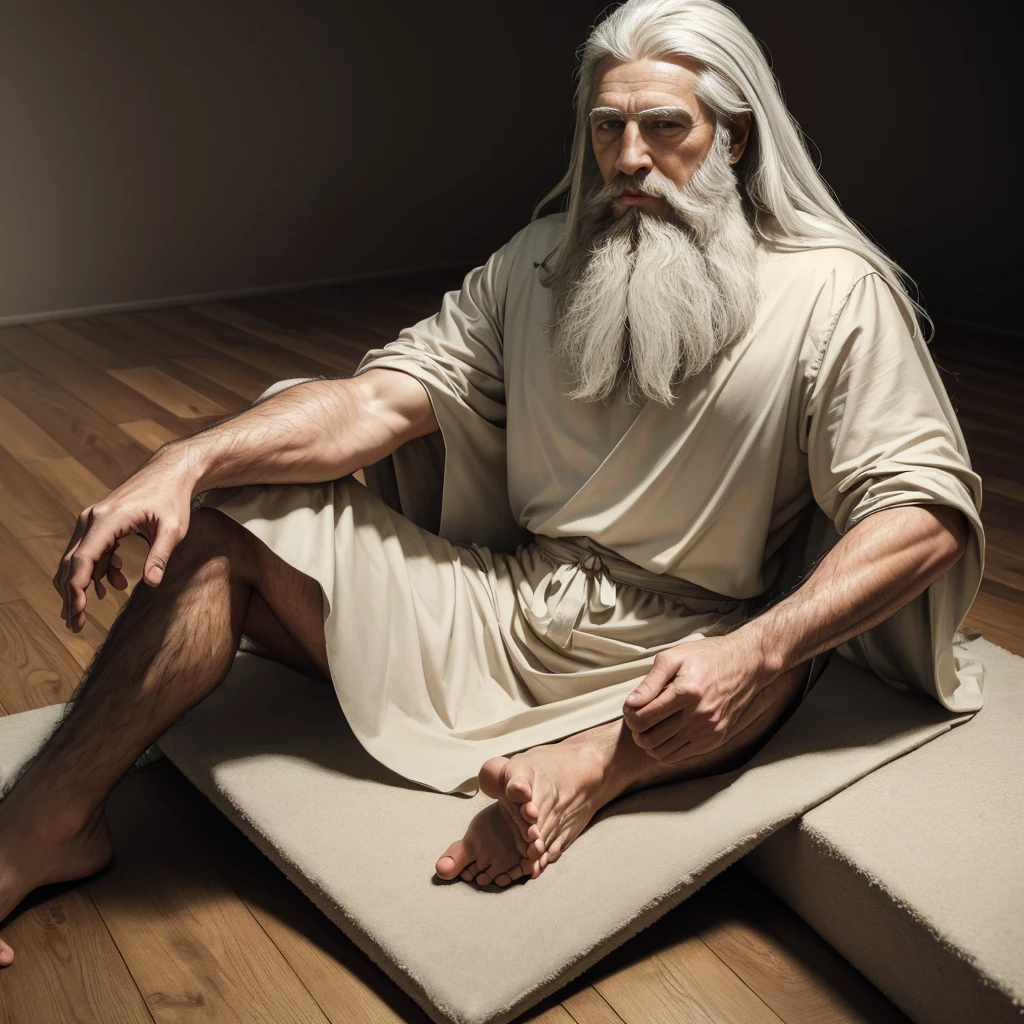(Highest quality:1.5), (masterpiece:1.5), (8K:1.5), (Simple Background:1.1), 1 man, full body, A thin hermit with a long beard and white hair sitting cross-legged on the floor