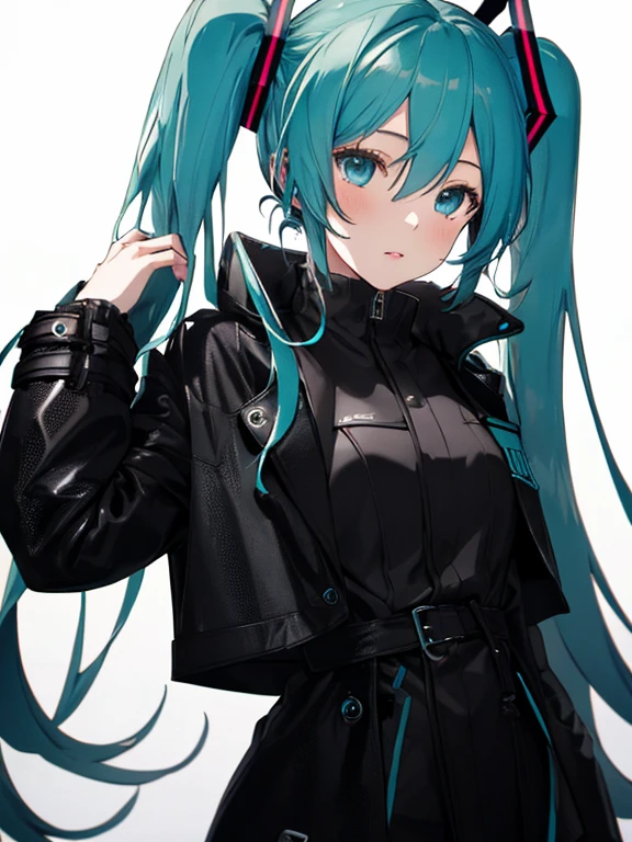 Hatsune Miku, Black Trench Coat, (masterpiece), highest quality, 1girl, uhd, retina, masterpiece, ccurate, anatomically correct, textured skin, super detail, high details, high quality, best quality, highres, 4K