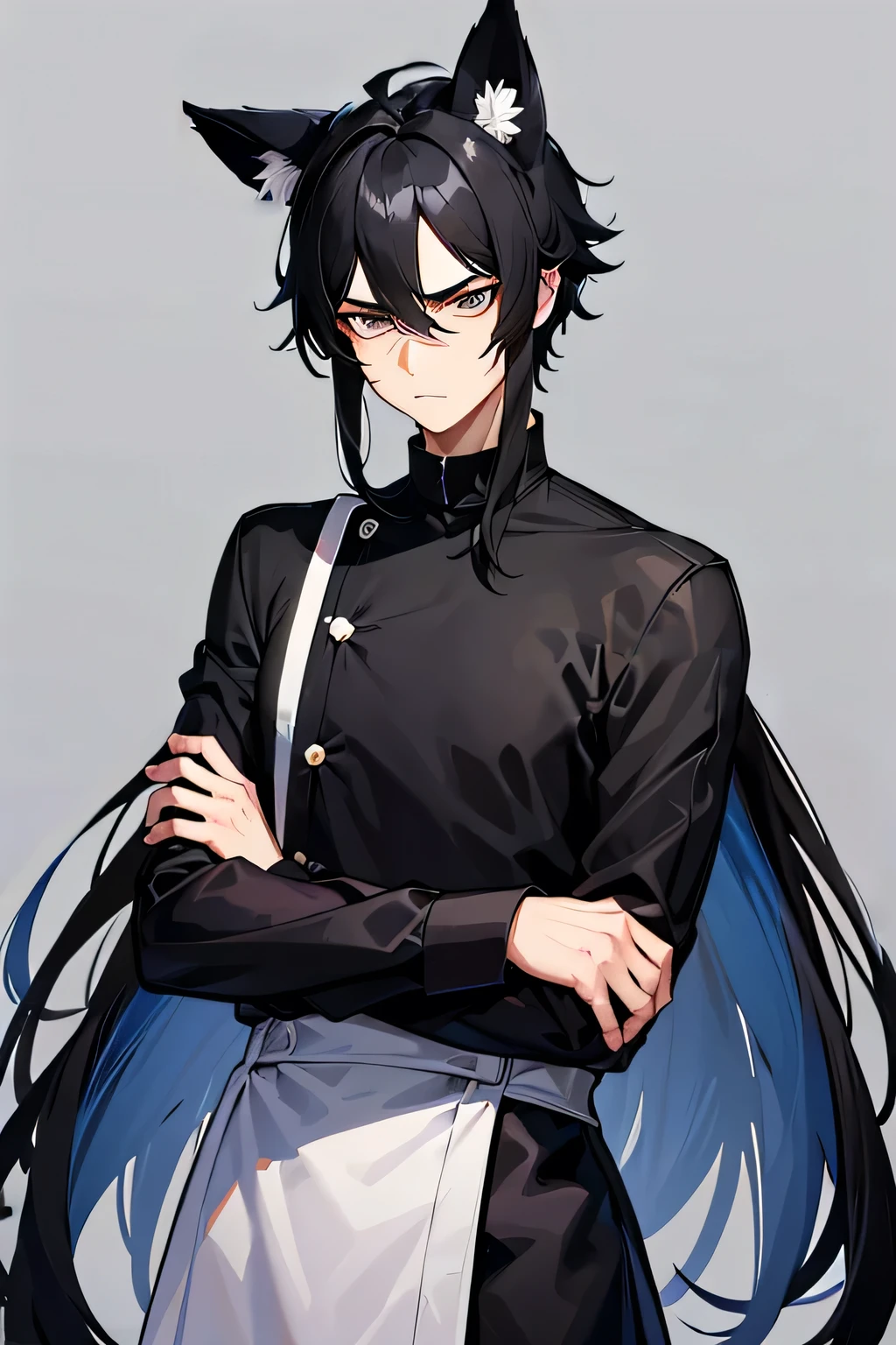 1man, 25-year-old, tsundere, jet-black hair that goes down to his ears, 2 shoulder length strands of hair on each side of the head in front of ears, piercing gray eyes, eyebrows furrowed in disapproval, eyes looking to the side, arms crossed, body is slender, wearing a cooking chef's uniform, white background, 2 arms only, arms crossed, no animal ears, no long hair