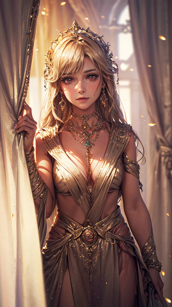 (Masterpiece), best quality, highest quality, highly detailed CG unity 8k wallpaper, original, high resolution, (depth of field: 1.5), fidelity: 1.3, 1 girl, curtains, solo, earrings,happy, 