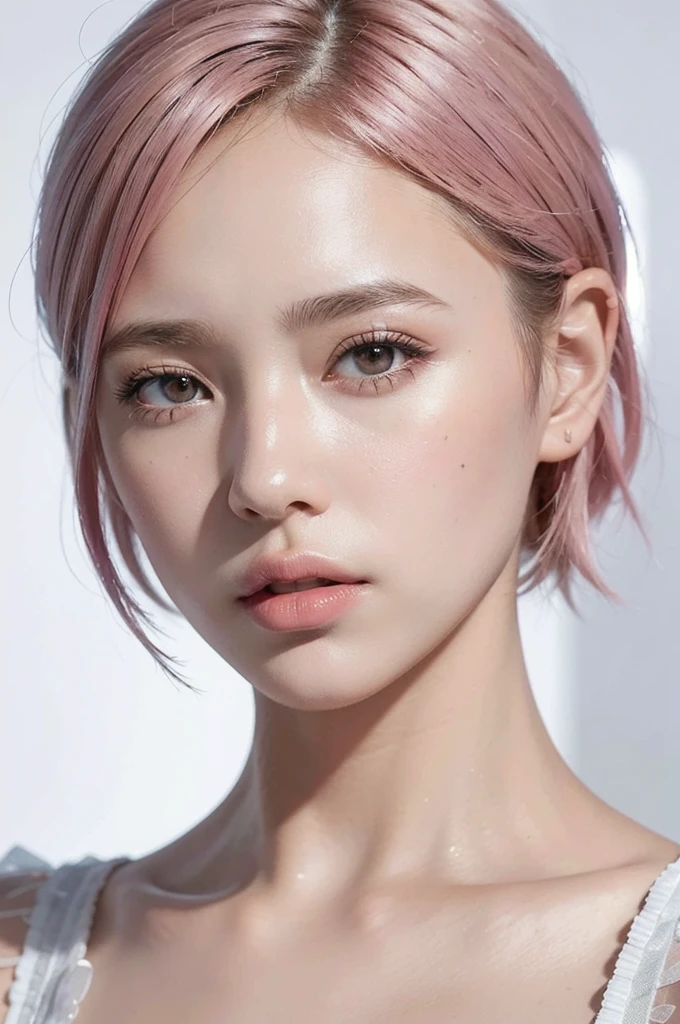 high quality,masterpiece,extremely detailed,high res,4k,ultra high res,detailed shadow,ultra realistic,realistic,dramatic lighting,1girl,solo,detailed face,realistic eyes,realistic skin,pink hair,dynamic pose, dynamic angle, white flowery dress, short hair cut,white background