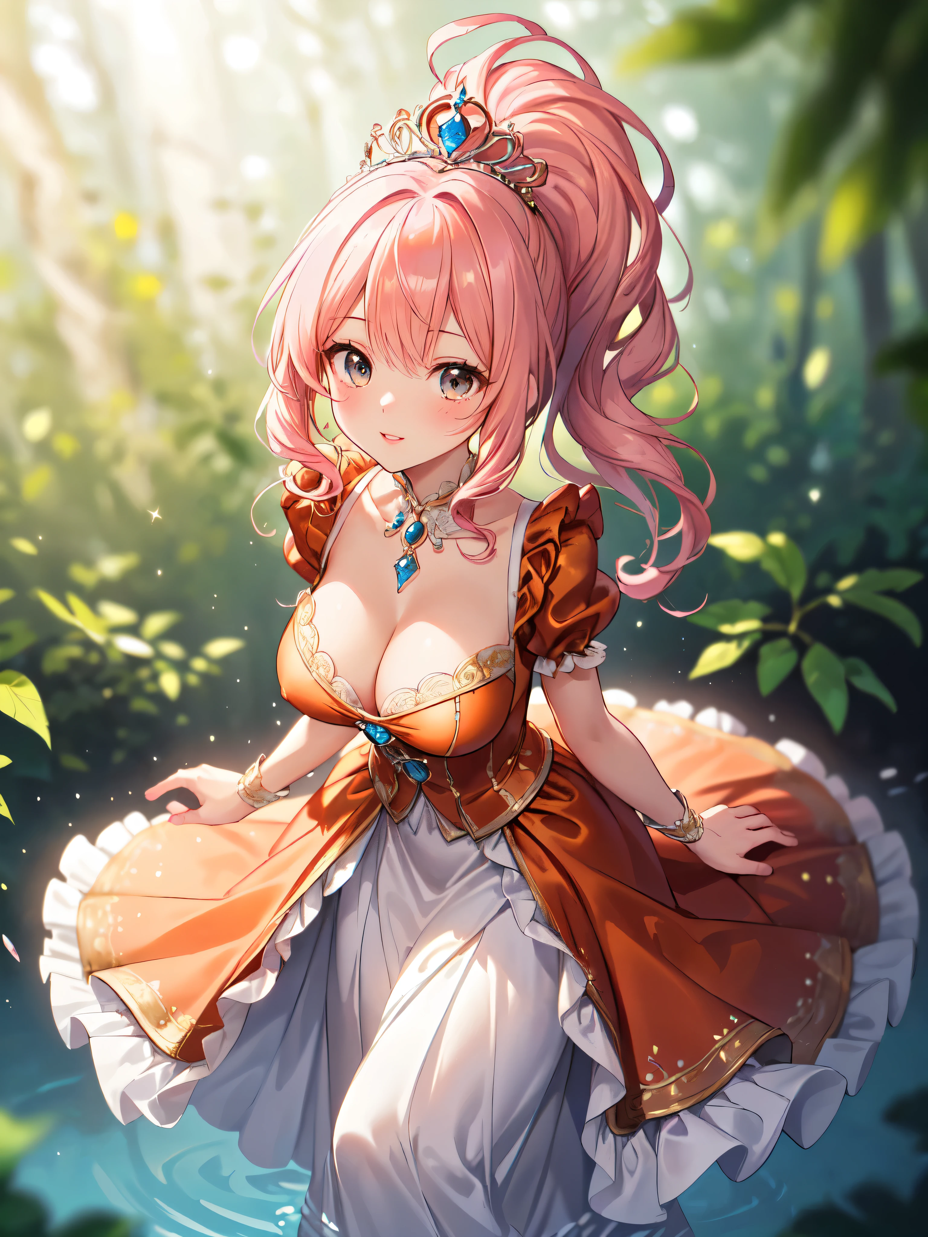 (((masterpiece))), (((best quality))), (((ultra detailed))), ((an extremely delicate and beautiful)), (unity 16k wallpaper), (Moe anime art style:1.3),
BREAK
(((solo princess young face))), (18 years old), (huge breasts cleavage focus), sweat on the chest,
BREAK
(ponytail pink fluffy hair:1.5), Curly Hair, (Expressive hair), (very voluminous long hair), Spreading hair, bangs, Beautiful tiara silver and jewels,,,,,,,,,,,,,,,,,,,,,,,,,,,,,,,,,,,,,,,,,,,,,,,,,,,,,,,,,,,,,,,,,,,,,,,,,,,,,,,,,
BREAK
(super delicate and beautiful face:1.3), ((hyper detail delicate beautiful)), ((beautiful lips)), (face focus:1.1), beautiful smile,,,,,,,,,,,,,,,,,,,,,,,,,,,,,,,,,,,,,,,,,,,,,,,,,,,,,,,,,,,,,,,,,,,,,,,,,,,,
BREAK
((Gorgeous rococo English gown dress in dark orange satin:1.3)), ((with long hem and voluminous hoop skirt at full length)), ((and over skirt with plenty of frills and luxurious embroidery and precision lace fabric)), A gorgeous Rococo Marie Antoinette English gown dress with a long hem and voluminous full-length hoop skirt and over skirt with plenty of frills and luxurious embroidery and precision lace fabric,, BREAK
((cowboy shot)), (looking up, from front, leaning forward, from above), (depth of field:1.9), (blurry background:1.2), (backlighting:1.3), (nature:1.3), (walking on water in forest), (light sparkles), light rays, (light leaks:1.3),