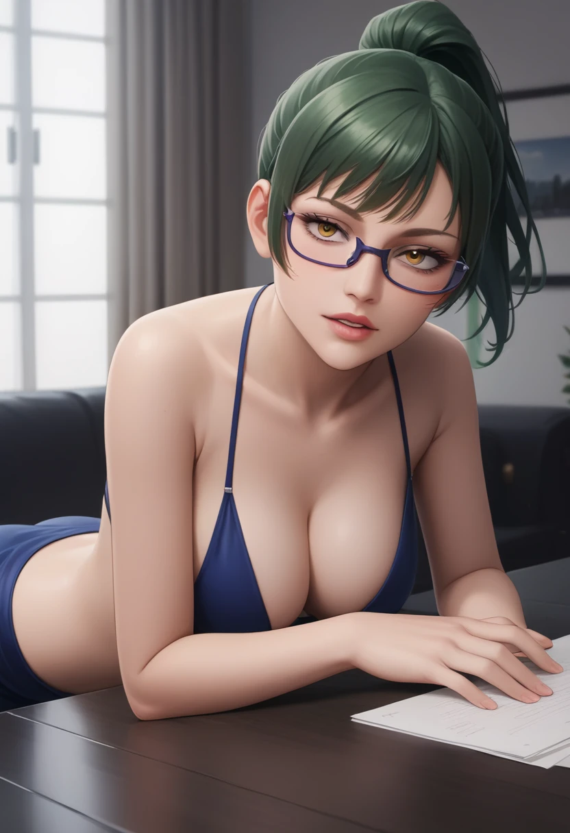 score_9_up, score_8_up, score_7_up, 1girl, solo, mature female, Maki, green ponytail hair, yellow eyes, glasses, pink lips, parted lips, fit slim body, perfect medium erected breast, (((imperial officer outfit))), dark grey living room, looking at the viewer, perfect model body, lying on the table with hanging head and doing blowjob