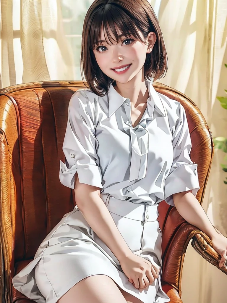 raw photo, 1girl, cute face, beautiful face, medium breast, collared blouse, White blouse, light smile, detailed skin, simple background, Above the knee, sit on a chair, Seductive pose, photorealistic, masterpiece, best quality, anatomically correct