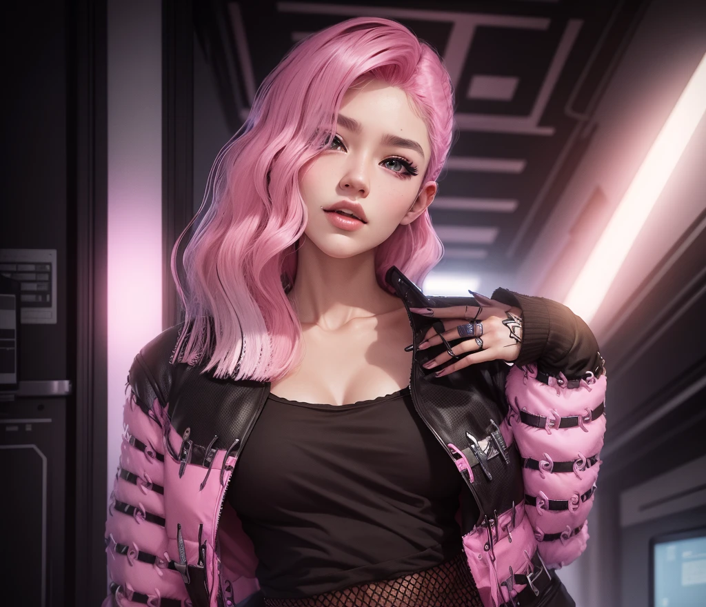 AVATAR SECOND LIFE Korean girl jacket , asiática pink hair, pink hair, pink hair, Perfect and detailed face, imvu, maximalist details, AVATAR SECOND LIFE Korean blouse and pants , neon, pink hair, jeans