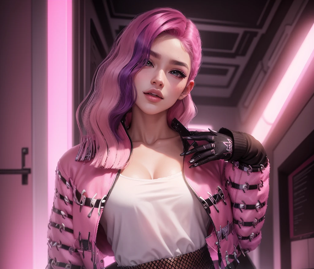 AVATAR SECOND LIFE Korean girl jacket , asiática pink hair, pink hair, pink hair, Perfect and detailed face, imvu, maximalist details, AVATAR SECOND LIFE Korean blouse and pants , neon, pink hair, jeans