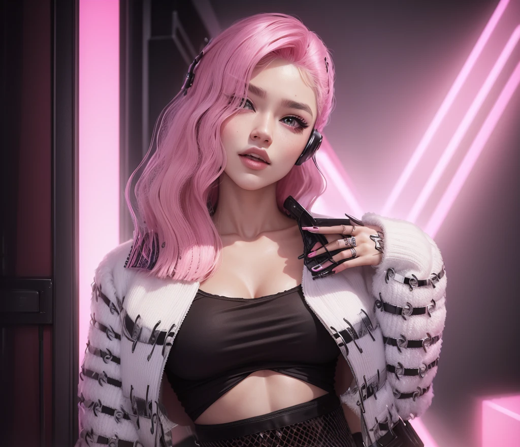 AVATAR SECOND LIFE Korean girl jacket , asiática pink hair, pink hair, pink hair, Perfect and detailed face, imvu, maximalist details, AVATAR SECOND LIFE Korean blouse and pants , neon, pink hair, jeans