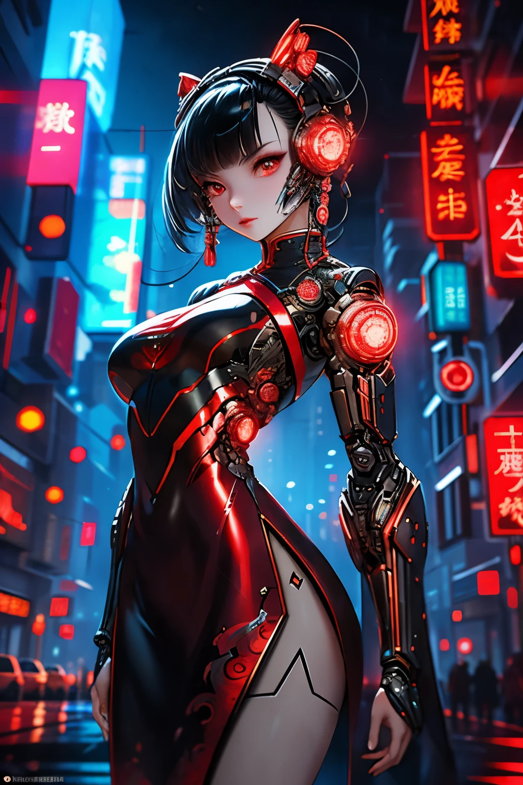 Game Cover:1.5), (​masterpiece:1.2), (best quality:1.2), highest quality, most absurd, 8k wallpaper, HDR, Complex functions, lovely, intricate eyes, Raytracing, perfect face, octane render, ,, sexy lips, (short Skirt)),
(gigantic and massive tits:1.1), breasts, official Illustration, Illustration, detailed face, titsnipples, butt, prey,1 girl, alone, cyberhanfu, long sleeve, chinese_attire, in red and black, cyberpunk city, dynamic pose, headdress, Hair decoration, Long hair, cyberpunk, eine Hightech-Stadt, full of machinery and futuristic element, futurism, Technologie