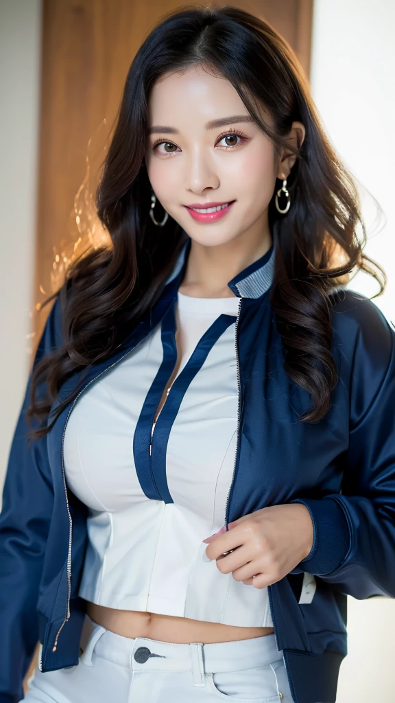 1 girl, national foundation, (hotel background), ((32k, raw, masterpiece: 1.5)), (Professional photography, sharp:1.2), Perfect dynamic composition, (Natural sun light), (soft shadow), (Perfect body:1.4), (((skinny figure))), ((huge round breasts: 1.2)), (((((black long curly hair))))), Ultra-detailed faces and skin, perfect asian, White skin, (Delicate skin:1.4), (latex skin:0.4), (perfect glowing skin:0.6), light brown eyes, beautiful eyes, round eyes, pretty face, blush, glossy lips, glossy eyes, Perfectly proportioned face, Really moist skin, Refined expression, (((huge smile at the camera))), looking at camera, Refined expression, Elegant necklace, Elegant earrings, minimalist, ((((blue track jacket, white shirt, and navy blue jeans))))