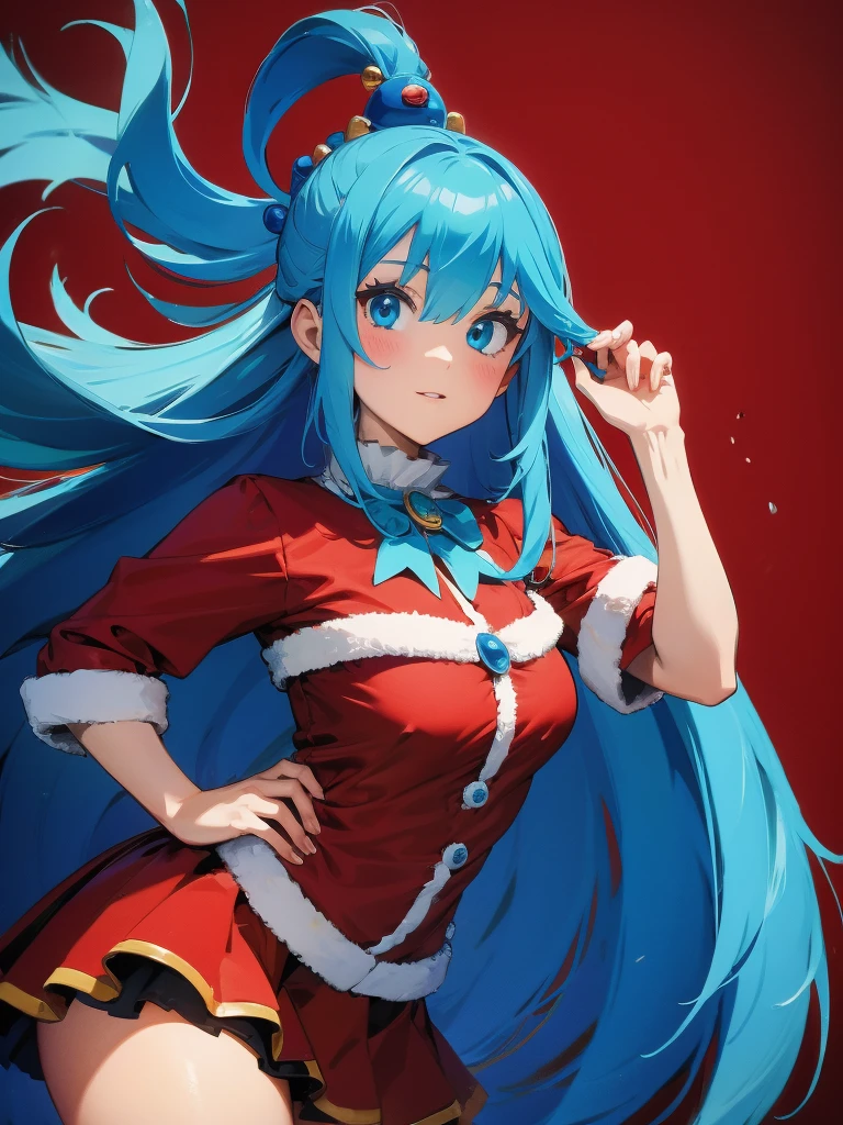 ((top quality)), ((masterpiece)), (Miniskirt with Santa Claus details), Red Santa Dress,perfect face, 1 girl, Aqua Konosuba