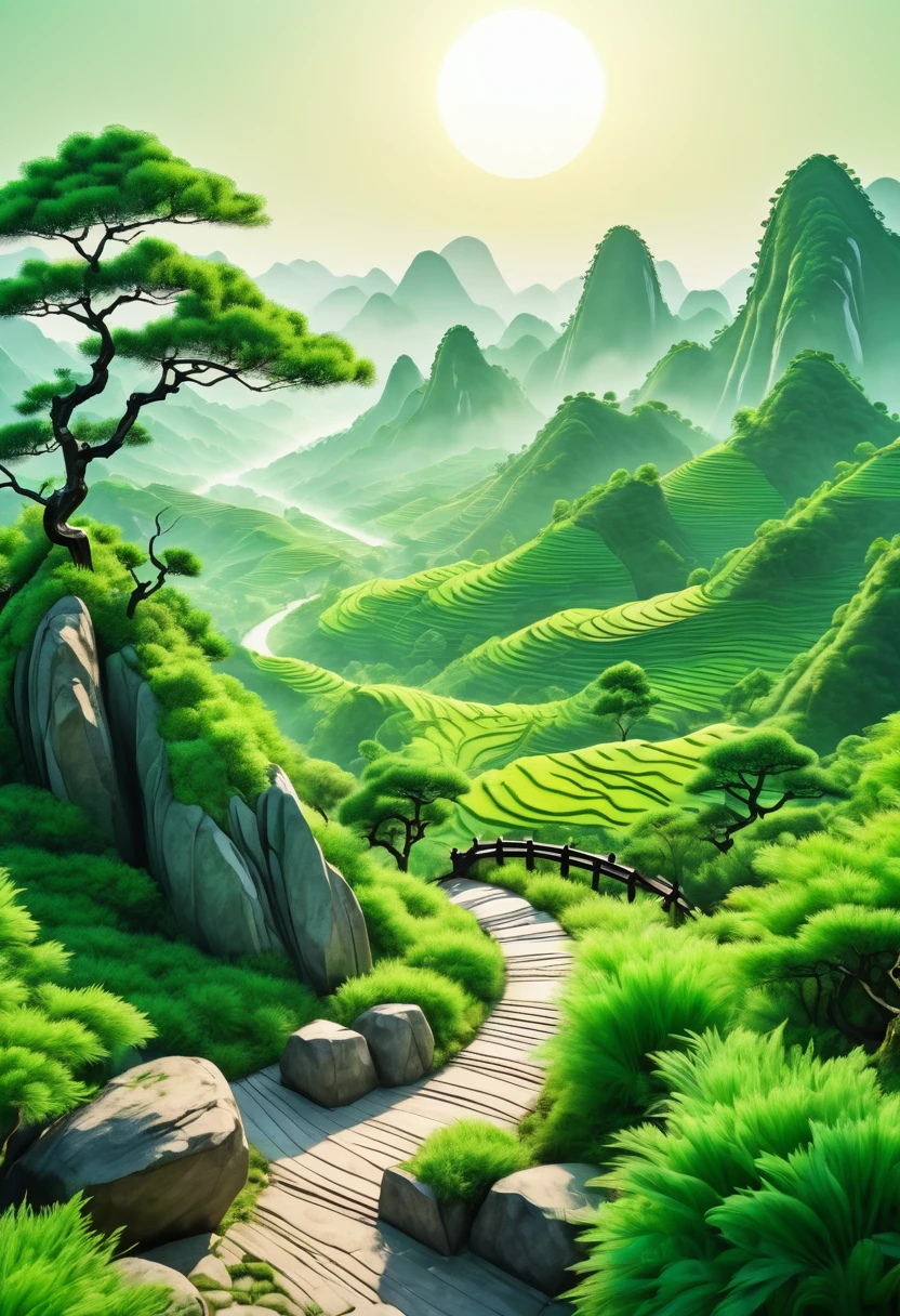 Chinese Landscape Ink Painting High Angle Perspective 0C Rendered Sculpture, green trees and green hills, morning vibes with sun, 4K