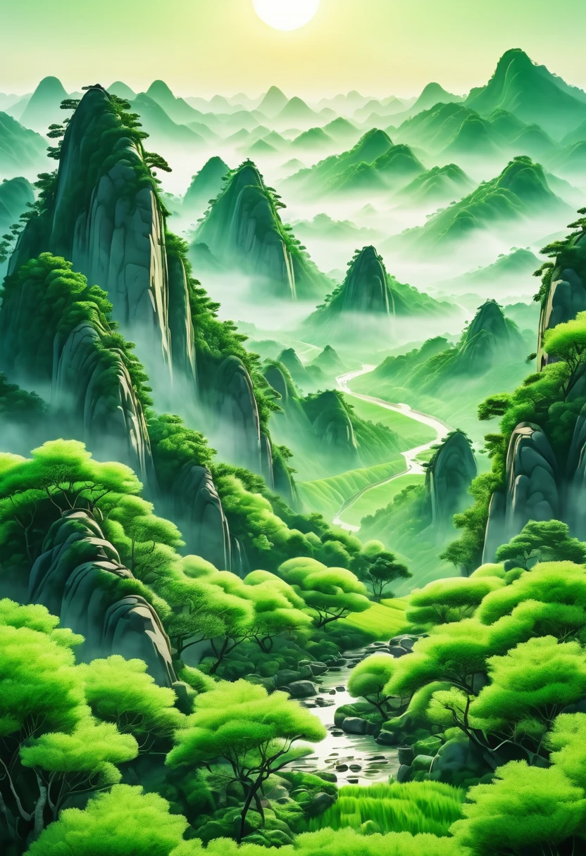 Chinese Landscape Ink Painting High Angle Perspective 0C Rendered Sculpture, green trees and green hills, morning vibes with sun, 4K