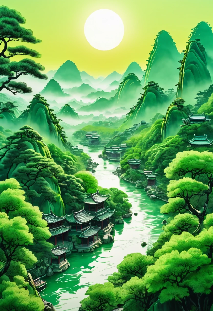 Chinese Landscape Ink Painting High Angle Perspective 0C Rendered Sculpture, green trees and green hills, morning vibes with sun, 4K