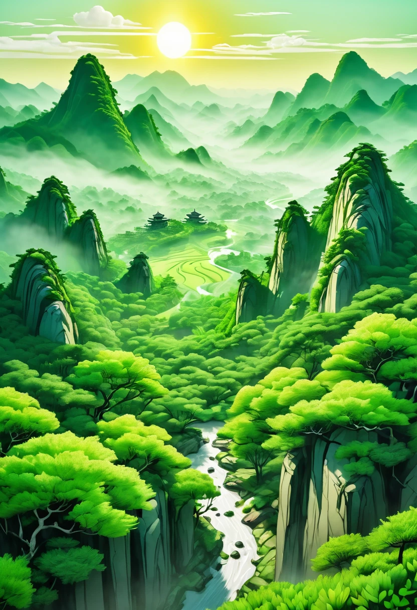 Chinese Landscape Ink Painting High Angle Perspective 0C Rendered Sculpture, green trees and green hills, morning vibes with sun, 4K